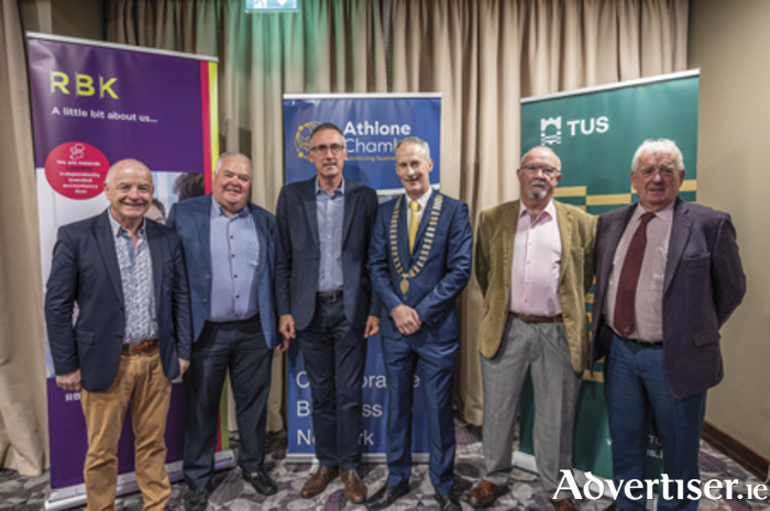 Cllr Frankie Keena, Cllr John Dolan, Cllr Aengus O’Rourke, Alan Shaw, Athlone Chamber of Commerce, John Henson, H.B. Safety Services and Cllr Tom Farrell are pictured at the recently hosted Athlone Chamber of Commerce pre-Budget business breakfast 