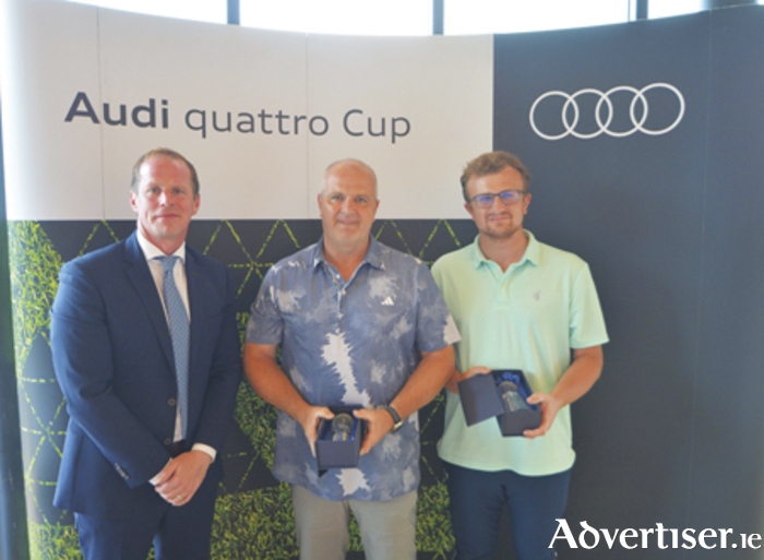 Pictured are the winners of the Audi Athlone quattro Cup, Ken Corcoran and Eric Corcoran (Edenderry Golf Club) with Audi Athlone Dealer Principle Michael Moore Jnr. after the event, which took place on Wednesday, July 19, at Glasson Lakehouse Golf Club.