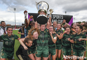 Galway United captain Lynsey McKey lifts the cup after winning the 2023 Avenir Sports All-Island Cup over Cliftonville at The Showgrounds in Sligo. Photo:  Michael P Ryan/Sportsfile 