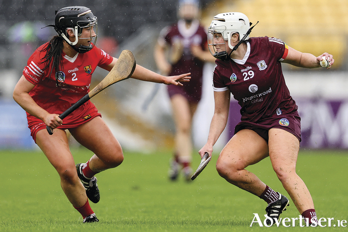 Facing off: Cork's Meabh Murray with Ailish O'Reilly of Galway in the 2023 Glen Dimplex All-Ireland Senior Camogie Championship Semi-Final, UPMC Nowlan Park, Kilkenny.    
 Photo: ©INPHO/Ben Brady