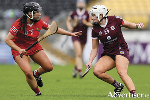 Facing off: Cork&#039;s Meabh Murray with Ailish O&#039;Reilly of Galway in the 2023 Glen Dimplex All-Ireland Senior Camogie Championship Semi-Final, UPMC Nowlan Park, Kilkenny.    
 Photo: &copy;INPHO/Ben Brady