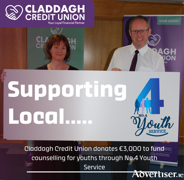 Claddagh Credit Union are delighted to donate funds for year two of a three year partnership with No.4 Youth Service. Pictured here are Natalie Coen, Manager of No.4 Youth Service with Ted Coyle Deputy CEO of Claddagh Credit Union.