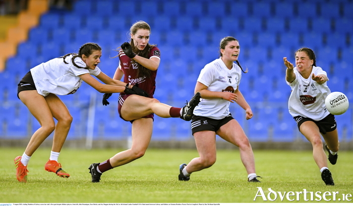 Aisling Madden of Galway scores her side's first goal despite Kildare players, from left, Julie Brannigan, Zara Hurley and Joy Duggan during the ZuCar All-Ireland Ladies Football U18 A final match between Galway and Kildare at Glennon Brothers Pearse Park in Longford. Photo by Ben McShane/Sportsfile