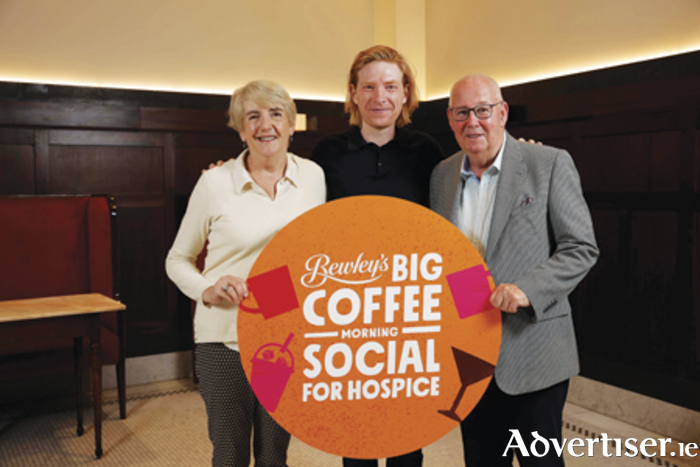 Actor Domhnall Gleeson with South Westmeath Hospice Hero Nicky McCormick and South Westmeath Hospice secretary Joe Whelan at the launch of Bewley’s Big Coffee Morning Social for Hospice, one of Ireland’s biggest fundraisers. Register to host a coffee morning on Thursday, September 21 or on a date that suits you, at: www.hospicecoffeemorning.ie or call: 0818 995 996. Picture: Conor McCabe.