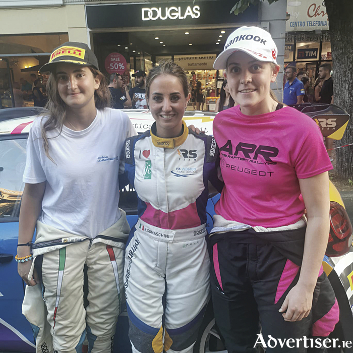 The top three female drivers Rally di Roma Capitale in July were Sara Cerra (third), Rachele Somaschini (first) and Galway's Aoife Raftery (second). Raftery’s competition has more than doubled for this weekend’s Barum Czech Rally Zlín. Photo: Motorsport Ireland Rally Academy