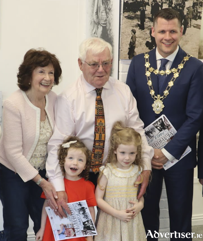 Tom Kenny pictued with his wife Maureen and grandchildren Fiadh and Sadhbh alongside Mayor Eddie Hoare at the opening of the Old Galway exhibition at Kenny’s Bookshop and Gallery at the weekend.