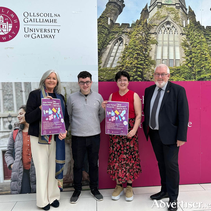 From: Josephine Walsh, Dean Kenny, Izzy Tiernan and Prof Pól O Dochartaigh announcing the free period products initiative at University of Galway.
