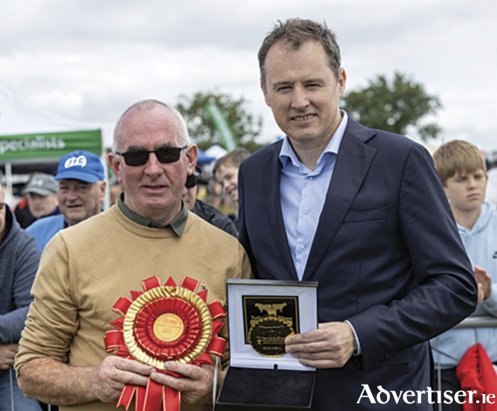 PJ Finnerty from Brideswell receives his ‘Lamb Producer’ accolade from Minister Charlie McConalogue at the recently hosted Tullamore Show.  Picture: Alf Harvey.
