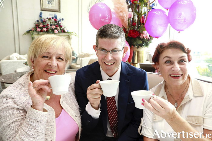 General manager at the g Hotel & Spa, Patrick Murphy with Johanna Downes and Ethelle Fahey from the National Breast Cancer Research Institute Galway committee, at the launch of Tea at the g in aid of the charity which takes place on Sunday, October 8. Tickets are €55 and available online at www.TeaAtTheg.ie. 
Photo: Sean Lydon.