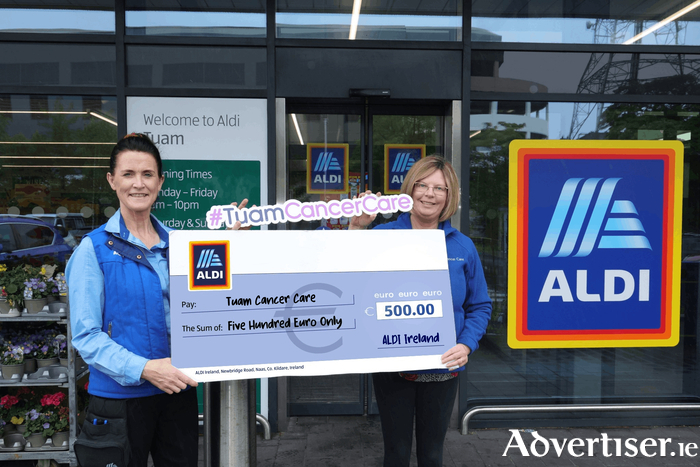 Pictured at the ALDI Tuam Store, Co. Galway is Maureen Grealish of Tuam Cancer Care receiving a €500 donation from Christine Quinn, ALDI Deputy Store Manager, as part of ALDI’s Community Grants programme. 