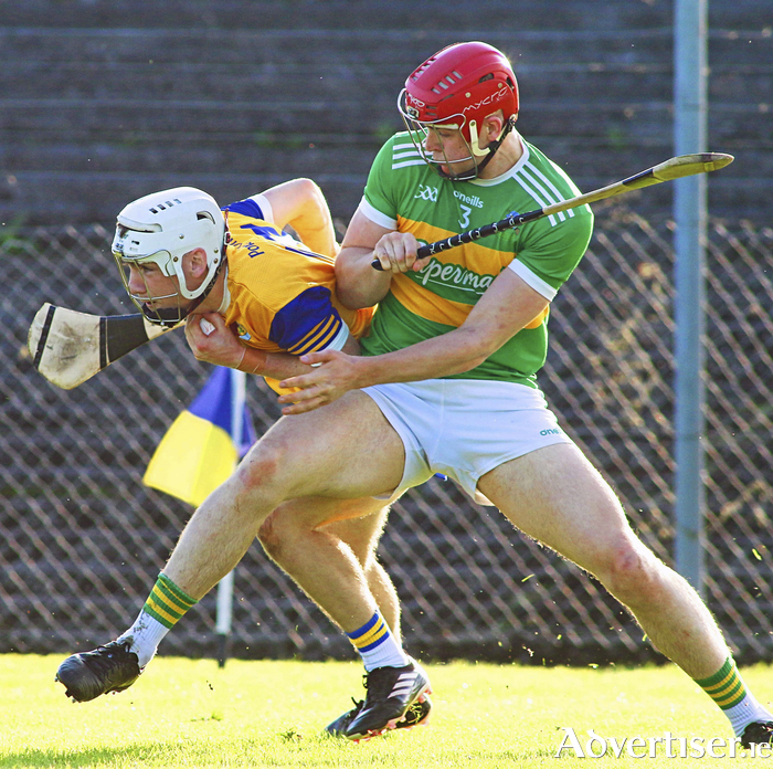 Portumna's Declan McLoughlin and Gort's Eoin Cooley in action from the Brooks Galway Hurling Club Championship game at Loughrea on Saturday. Photo:- Mike Shaughnesy  