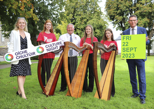 Announcing a night of free entertainment, art and culture events around the county for Mayo Culture Night on September 22nd are Joanne Grehan, Director of Services Mayo County Council; Rhiannon Brosnan; Cllr Michael Loftus, Cathaoirleach MCC; Anne Fitzgerald; Ellen Shaw; and Kevin Kelly, Chief Executive MCC.