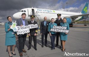 Aer Lingus commences new daily service to London Heathrow with Seamless onward flight connections to 80+ destinations worldwide. Pictured at the commencement of the new daily service to London Heathrow from Ireland West Airport with Aer Lingus was Joe Gilmore CEO of Ireland West Airport with the Aer lingus Crew from L/R Maria Moran, Joe Gilmore CEO of Ireland West Airport, captain Mike Candon, Jose Ribeiro,  Ashley Farrell,Eoghan Gilchriste (first officer) and Ellen Farrissey landing on  the inaugural Aer Lingus flight EI916, Airbus to land at the airport.
 Pic: Michael McLaughlin