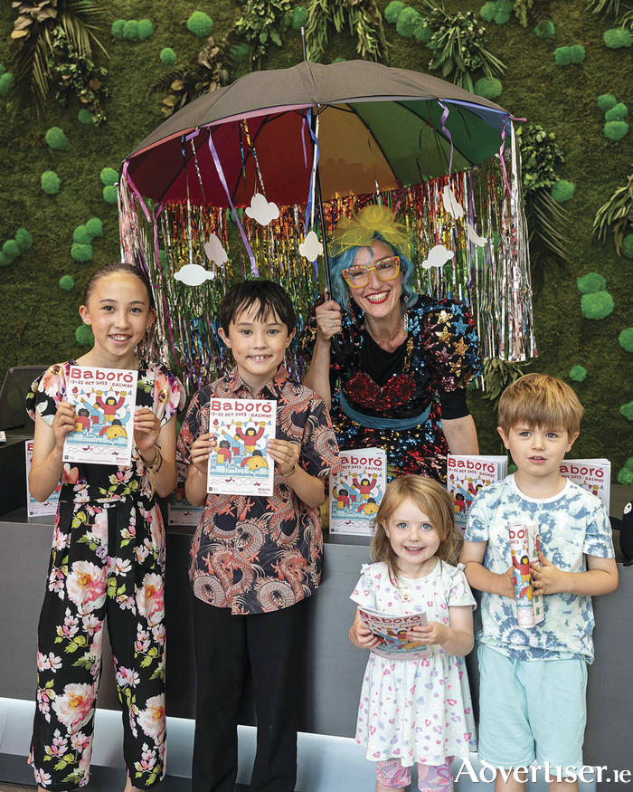 Whatever the weather: Pictured at the launch of the 27th Baboró Festival is Artist Fernanda Ferrari who will perform ‘What to do on a Rainy Day’ as part of this year’s festival with children Sadhbh Chang, Eoghan Chang, Faye & Elliot Nicholls Sames. Photo Declan Colohan.