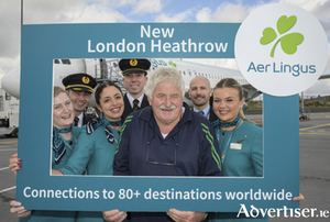 Aer Lingus has commenced a new daily service to London Heathrow with seamless onward flight connections to 80+ destinations worldwide. Pictured at the commencement of the new daily service to London Heathrow from Ireland West Airport was Peter McKellar who flew from Adelaide, Australia.  Also pictured are Aer Lingus crew from l-r, Ashley Farrell, Maria Moran, captain Mike Candon, Eoghan Gilchrist (first officer), Jose Ribeiro and Ellen Farrissey.  Pic.  Michael McLaughlin