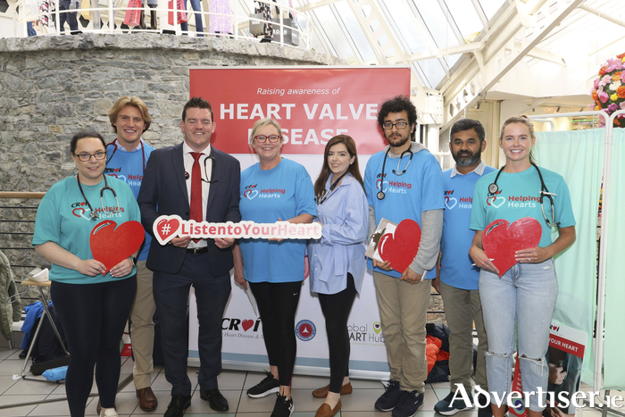 Annmarie Harnan, Henry Dartolozzi, Ronan Kelly, Michaela Forde, Ali Shabu, Jimmy Mathew and Sally Glynn the team providing the Croí free stethoscope check event in the Eyre Square Shopping Centre on Thursday. Photo: Mike Shaughnessy 
