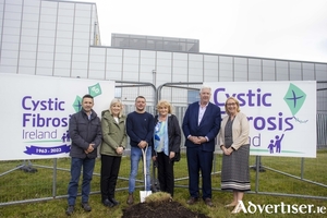 At the official sod turning of the new Adult Cystic Fibrosis Out-Patient Department at Merlin Park University Hospital, from left,  Darren McCormack, Project Manager, HSE West Capital and Estates Department; Chris Kane, Manager, Galway University Hospitals; David Coen, Cystic Fibrosis Patient; Mary Lane Heneghan, Cystic Fibrosis Galway; Philip Watt, CEO, Cystic Fibrosis Ireland and Ann Cosgrove, Chief Operations Officer, Saolta University Health Care Group. 