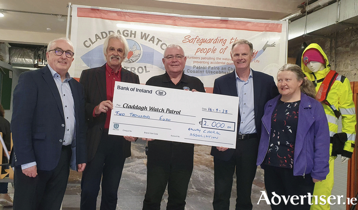 Galway Choral Association recently presented the proceeds of their summer concert to Claddagh Watch Patrol. Pictured, from left: Michael O’Hare and Craig Steven, Galway Choral; Arthur Carr, Claddagh Watch; Tony Roe and Mary Curtin, Galway Choral. Photo: Claddagh Watch Patrol.