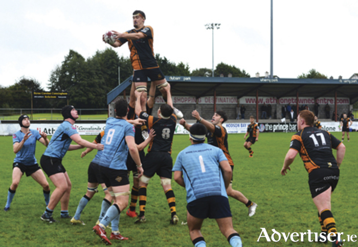 Fionn McDonnell rises highest to claim lineout ball for Buccaneers during their U20 league victory over Galwegians
