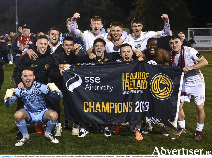 Dreams come true: Galway United players celebrate after winning the SSE Airtricity men's first division match against Kerry at Mounthawk Park in Tralee, Kerry to seal their return to the premier division. 