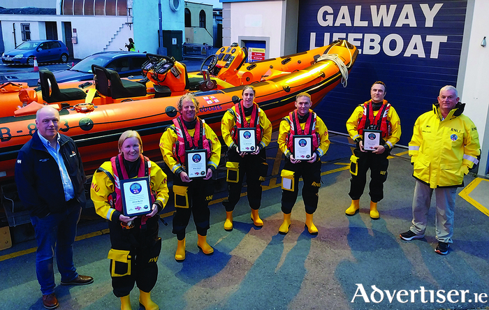 The Galway RNLI volunteer crew with their long service awards outside the lifeboat station from left: Seán Óg Leydon, Deputy Launching Authority; Olivia Byrne (100 services); Brian Niland (150 services), Lisa McDonagh (50 services), David Oliver (200 services), Declan Killilea (150 services) and Mike Swan, Lifeboat Operations Manager. Missing from the photo: Dave Badger (150 services) and Shane Folan (100 services). 
