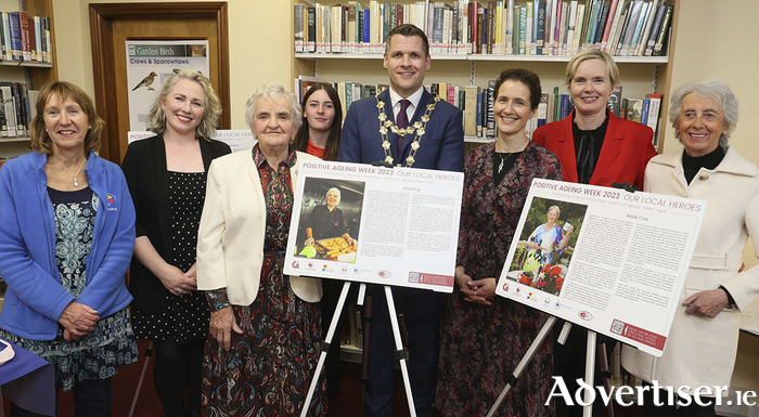 Mayor of Galway Cllr Eddie Hoare with (l-r) Jacquie Lynskey, Head of Senior Support Service COPE Galway, Ciara Brennan Harding Coy, Community Development Project Officer Galway City Partnership, Ann King, Doughiska, Chelsea  McConn Joyce, Healthy Galway City,  Caroline Rowan, Executive Librarian, Galway City, Theresa Donoghue, Age Friendly Programme manager, Galway City Council and Joan Kavanagh, Older People's Council,  at the launch of the Local Heros Exhibition hosted by Galway City Council in conjunction with COPE Galway, Galway County Council, Galway City Partnership, Age Friendly Galway and Galway Rural Development. The exhibition is part of Positive Ageing Week 2023. The exhibition features portraits and biographies of 30 amazing people from Galway City and County. For further information on all 30 people see  Positive Ageing Week | Galway (copegalway.ie) Photo: Mike Shaughnessy 