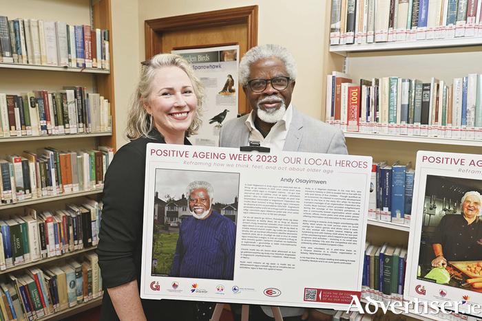Ciara Brennan Harding Coy, Community Development Project Officer Galway City Partnership with Andy Osayimwen, Knocknacarra at the launch of the Local Heroes Exhibition hosted by Galway City Council in conjunction with COPE Galway, Galway County Council, Galway City Partnership, Age Friendly Galway and Galway Rural Development. The exhibition is part of Positive Ageing Week 2023. The exhibition features portraits and biographies of 30 amazing people from Galway City and County. For further information on all 30 people see  Positive Ageing Week | Galway (copegalway.ie) Photo: Mike Shaughnessy 