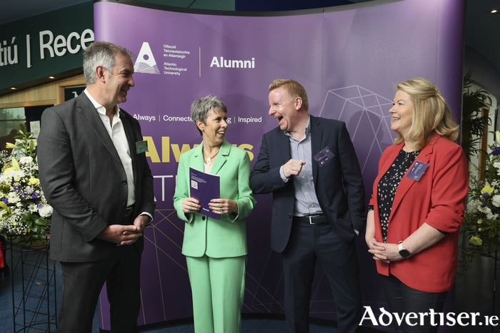 Dr Orla Flynn, ATU President with Alumni members (l-r) Damien McCallion, Chief Operations Officer, HSE, Keith Moran, Chief Executive Officer, SL Controls and Evelyn O’Toole, Founder and Chief Executive Officer, Complete Laboratory Solutions (CLS), Photo: Mike Shaughnessy