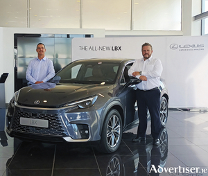 James Ryan,  Lexus sales executive, and Enda Brennan, Lexus sales manager, ready to show off the new Lexus LBX Crossover at the Lexus Galway Showroom, Ballybrit.
