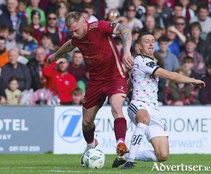 Galway United&#039;s Stephen Walsh comes under pressure from Bohemian&rsquo;s captain Keith Buckley in action from the Sports Direct Men&#039;s FAI Cup semi-final, Eamonn Deacy Park on Saturday. Photo: Mike Shaughnessy 