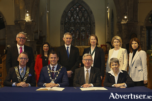 Kenny Deery, CEO Galway Chamber of Commerce; Jas Atwal, Chair, The Academy of Urbanism; Kevin Murray Author; Charlotte Sheridan, President RIAI; Patricia Philbin, chief executive Galway City Council; and Kathryn Meghen, CEO of the RIAI. Front seated are: L-R): Dermot Nolan, President of Galway Chamber of Commerce; Cllr Eddie Hoare, Mayor of the City of Galway; Professor Ciar&aacute;n &Oacute; h&Oacute;gartaigh, President of the University of Galway and Dr Orla Flynn; President of the Atlantic Technological University.
