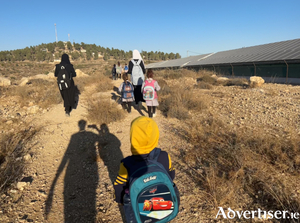 Palestinian children on their way to school close to an Israeli settlement on 26 September, with the shadows of EAs who provide a protective presence in the face of settler harassment.&nbsp;