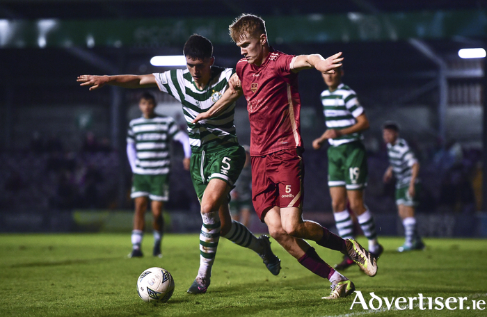 Liam Murray of Galway United and Carl Lennox of Shamrock Rovers during the EA SPORTS MU19 LOI Enda McGuill Cup match between Galway United and Shamrock Rovers at Eamonn Deacy Park in Galway.
Photo by Ben McShane/Sportsfile