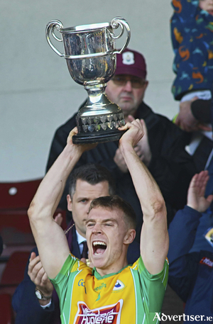 Corofin&rsquo;s Patrick Egan and  Mhaigh Cuilinn&rsquo;s Se&aacute;n Mac Lochlinn in action from the Bon Secours Hospital Galway Senior Football Championship Final at Pearse Stadium on Sunday. Photo: Mike Shaughnessy 