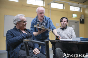 R to L: Morgan C Jones, Mark Lambert, Ross Gaynor in rehearsal for United States v Ulysses, by Colin Murphy