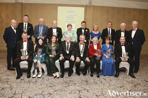 Winners of the People of The Year Awards in the Galway Bay Hotel Back Row L-R Ollie Robinson, Joe Canning, PJ Fahy, Padraic Divilly, Veronica Murray, Basil Holian (Sponsorer), Carmel Dempsey, Shane Coen, Micael Hurley and Tex Callaghan. Front Row L-R Pat Uniacke, Saoirse Ruane, Patricia King Callaghan, Deputy Mayor Donal Lyons, County Mayor Liam Carroll, Sister Agnes Curley, Mary Nolan and Ray McHugh. Photo Sean Lydon.
