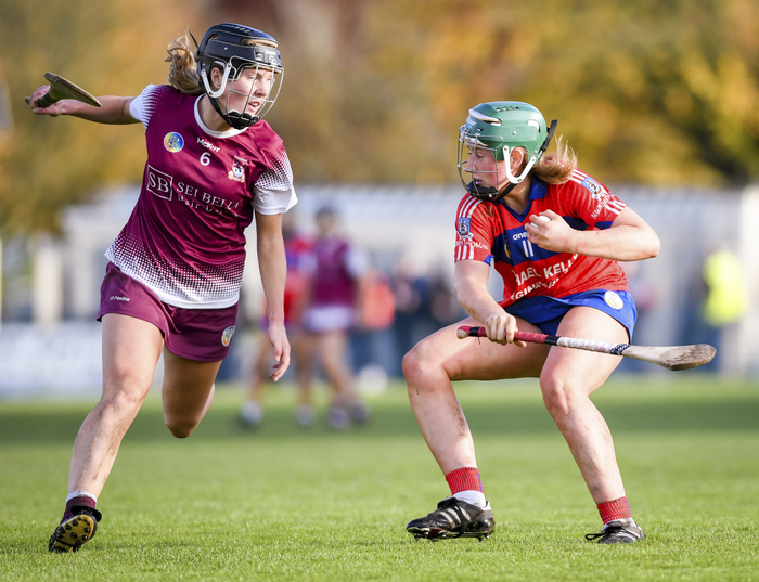 St Thomas' Aine Keane under pressure from Ciara Murphy of Clarinbridge during the second halfAine Keane taking on Ciara Murphy. Photo: Don Soules.