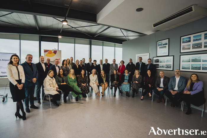 Shortlisted candidates in the 2023 Galway Chamber Business Awards pictured at Shannon Airport during a networking event with (standing from left), Mary Considine, CEO, The Shannon Airport Group, Kenny Deery, CEO, Galway Chamber and Niall Kearns, Director of Operations, Shannon Airport, and seated centre is Eveanna Ryan, President of Galway Chamber of Commerce. 