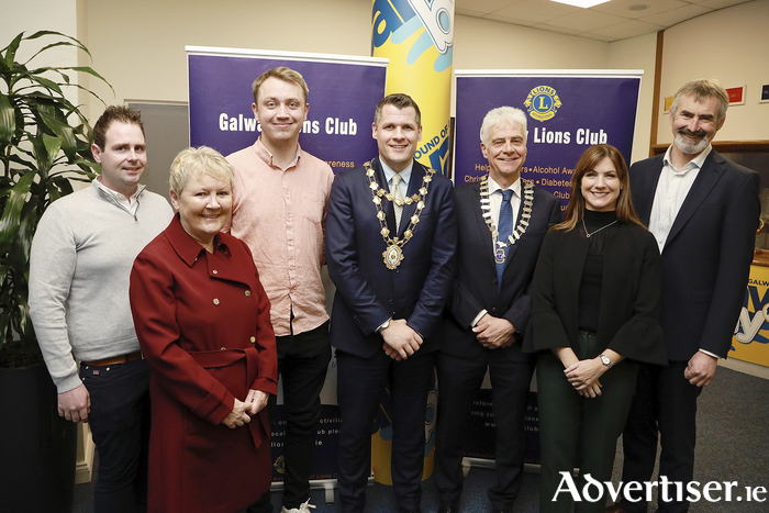 At the launch of the Galway Lions Club in Galway Bay FM were centre Mayor Councillor Eddie Hoare, Galway Lions Club President Frank O’Neill, flanked by Shane Curley HomeWorld (sponsor), Galway Bay fm's John Morley, and Lions Geraldine Mannion, Muireann Ryan and Tony Kavanagh. Photo Sean Lydon