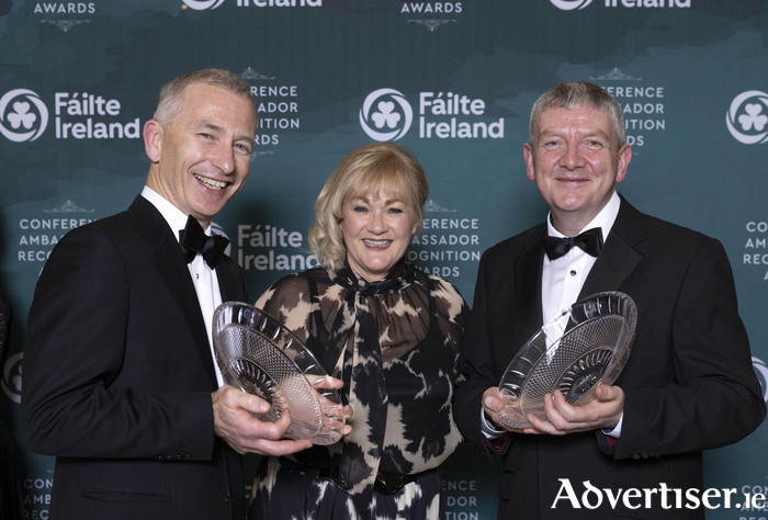 BUSINESS 22nd Nov 2023 no fee for repro single use only
Fáilte Ireland has celebrated the outstanding contributions of 104 conference ambassadors, including renowned academics and industry leaders, at an award ceremony at the Intercontinental Hotel, Dublin. 
Pictured with Ruth Andrews, Chiarperson, Designate, Failte Ireland are Professor Liam Glynn, University of Limerick, ‘WONCA World Rural Health Conference, 2022’ for Social Impact & Legacy award; Professor Peter McHugh, University of Galway, named Conference Ambassador of the Year for his role in organising ‘11th European Solid Mechanics Conference, 2022. 
The ambassadors were acknowledged for their expertise, industry knowledge and unwavering commitment to successfully hosting an international conference in Ireland between 2018 and 2022. Collectively these conferences have contributed €125 million to the Irish economy and have made a positive impact on our nation. 
Picture by Shane O'Neill, Coalesce. 