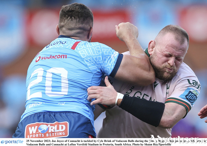 Joe Joyce of Connacht is tackled by Cyle Brink of Vodacom Bulls during the United Rugby Championship match between Vodacom Bulls and Connacht at Loftus Versfeld Stadium in Pretoria, South Africa. Photo by Shaun Roy/Sportsfile
