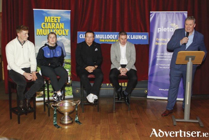 Ray Connellan (Westmeath GAA), Laurie Ryan (Athlone Town WFC) and Gerard Tiernan (Pieta House) and RTE commentator, Marty Morrissey, are pictured at the launch of the ‘The Future Is Now’ by Ciaran Mullooly.  Photograph by Ashley Cahill Images.