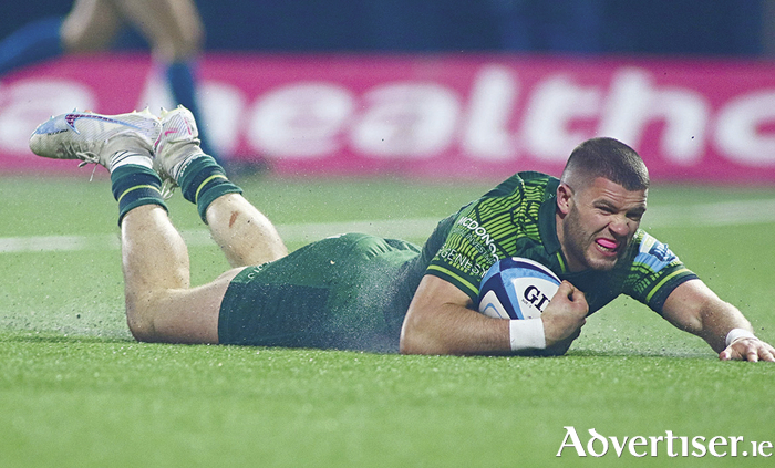 Diarmuid Kilgallen scores a try for Connacht in action from the BKT United Rugby Championship game against Leinster at the Sportsground on Saturday. Photo: Mike Shaughnessy 