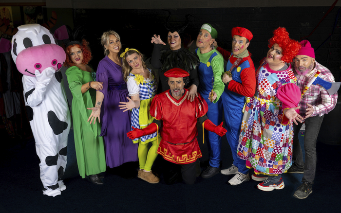 The cast of JackAnne The Beanstalk: Daisy, Thick, Tock, JackAnne, Lord FarFart, Simple & Simon and Dame Dolly. (Photo: Andrew Downes)