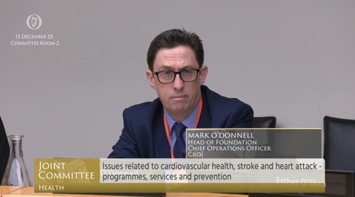 Mark O'Donnell, Chief Operating Officer / Head of Foundation for Croí speaks at a Oireachtas Health Committee meeting at Leinster House.