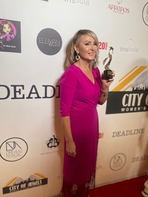 Pam Finn in LA last month where she accepted the award for Best Short Documentary at the City of Angels Film Festival 