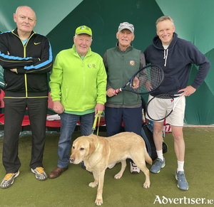 Pictured at the GLTC fundraiser for Irish Guide Dogs were Mike Geraghty Co-Organiser, Frank Downes and Zander from Irish Guide Dogs, Joe Higgins and Tadgh O Conghaile winners of The Nadal Group pictured. Missing from the photo is co-organiser Donal Hegarty.