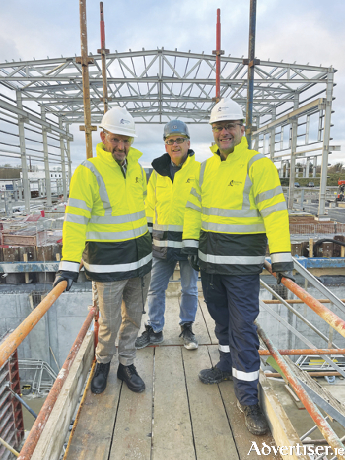Pictured, l-r, Midlands North West MEP Colm Markey, Liam Pitcher, Project Director, Bord Gáis Energy; Killian Walsh, Head of Upstream Asset Management, Bord Gáis Energy at the site of the one of two hydrogen-ready Peaker plants that the company is currently developing.