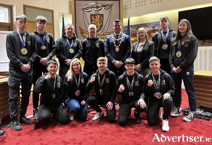 The pic shows back row from left to right: Corey O Malley (Ballybane): 2 Gold, 1 Silver. Seán Murray (Annaghdown): 2 Silver, 1 Bronze. Peter Sheppard (Knocknacarra): 1 Gold (walkover). Pete Foley (Annaghdown - Black Dragon Chief Coach and IKF Ireland Irish Team Manager). Councillor Eddie Hoare (Mayor Of Galway City). Ailish Rohan (Galway City Council). Conor Mc Allister (Belfast - Fighting out of Galway BD): 1 Gold, 1 Silver. Giulia Comini (West End): 3 Gold, 1 Bronze. Front row from left to right: Jia Xin Chai (Wellpark): 1 Silver. Whitney Sheppard (Knocknacarra): 1 Gold, 1 Silver. Oisin Concannon (Barna): 1 Gold, 1 Silver. Darren Van Strien (Westside): 1 Silver, 1 Bronze. Evelyn Coffey (Rahoon): 1 Silver, 2 Bronze. Missing from pic: Eamonn O Byrne (Knocknacarra): 2 Gold Medals, 1 Silver, 1 Bronze.Patrick Ward (Ballybane): 1 Gold, 1 Silver. Dylan Ward (Ballybane): 1 Silver.