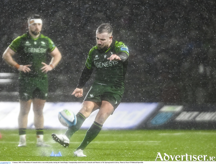 JJ Hanrahan of Connacht kicks a successful penalty during the United Rugby Championship match between Connacht and Munster at The Sportsground in Galway.
